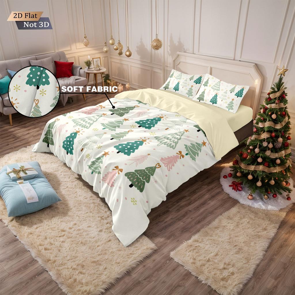 3PCS Cartoon Christmas Tree Print Chipless Bedding Set Soft Dormitory Bedroom Multiple Sizes Holiday Decoration Machine Washable