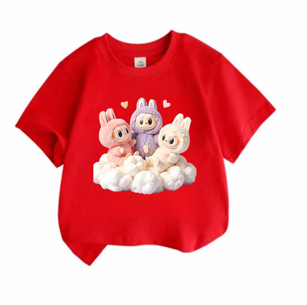 Cute Plush Bunny Printed Kids 100% Cotton T-Shirt, Boys Girls Soft Breathable Round Neck Short Sleeve Casual Tops, Adorable 3 Rabbit Pattern Summer Co