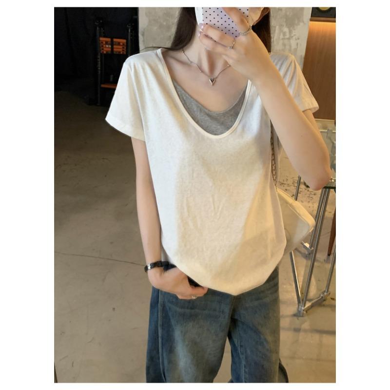Women Fake Two Piece V Neck Color Block Loose Casual Short Sleeve T Shirt