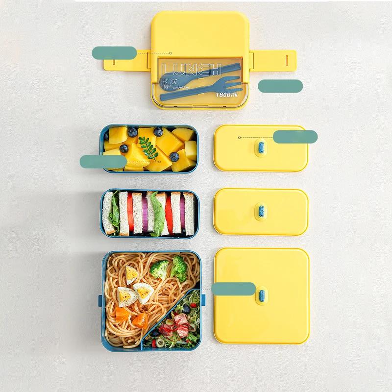 2 Layer Portable Leakproof Snack Lunch Bento Box Food Storage Container Office Kid Student Microwave Dinnerware Fork Spoon Set