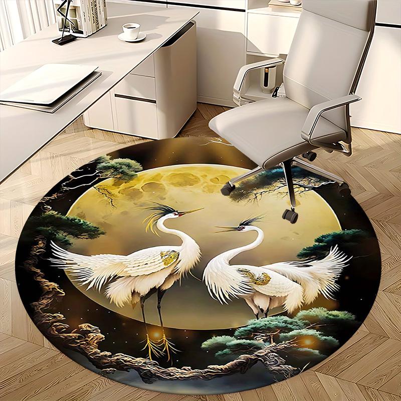 1pc Anime Crane Design Round Carpet Office Chair Mat, Non Slip Rug for Home Decor, All Seasons