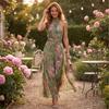 Women's Floral Print Neck Chiffon Long Maxi Dress - Vacation Pleated Waist-Cinching Summer Dresses