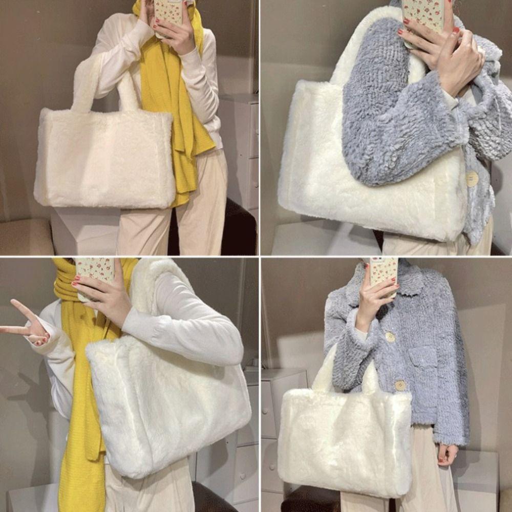 Korean Style Faux Fur Tote Bag Large Capacity Shoulder Handbag Fashion Plush Tote Bag  Women