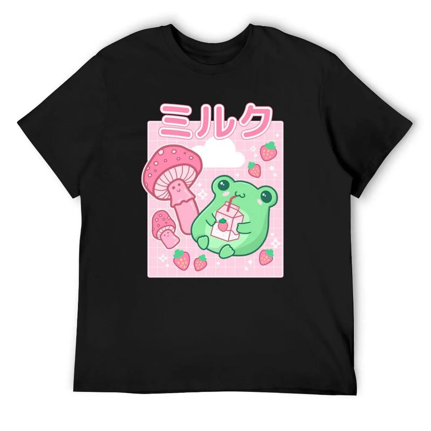 Милый лягушонок в стиле Cottagecore с клубникой в ретро 90-х Каваи Эстетика_ Японский стиль Y2K Розовые грибы и Бабл-ти Футболка S чёрный