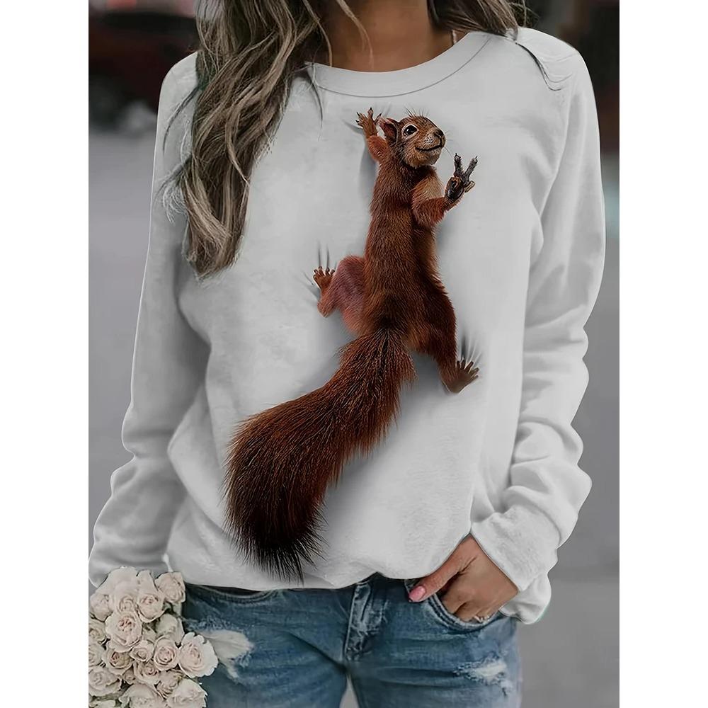 New 3D Animal Print Women's Fashionable T-shirt Autumn Long-sleeved Casual Comfortable OverSize Round Neck T-shirt