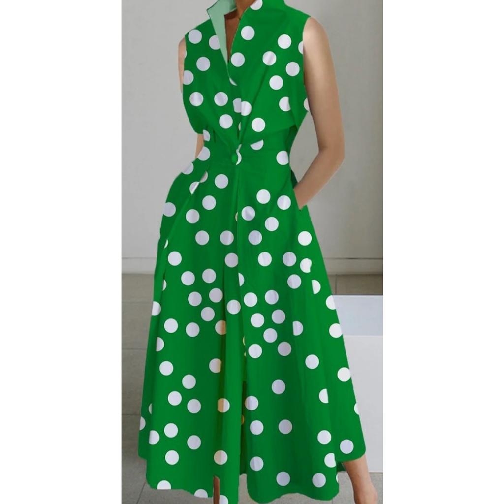 Women's Collared Sleeveless Floral Print Loose Fit Mid Waist Casual Maxi Dress