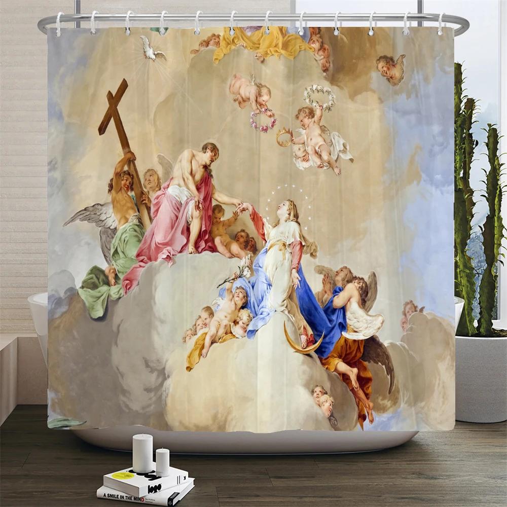 Tende da Doccia Angeli Stile Retro Europeo Tenda da Bagno Tessuto Impermeabile Decorazione Vasca da Bagno 180*180cm Tenda da Bagno Con Ganci