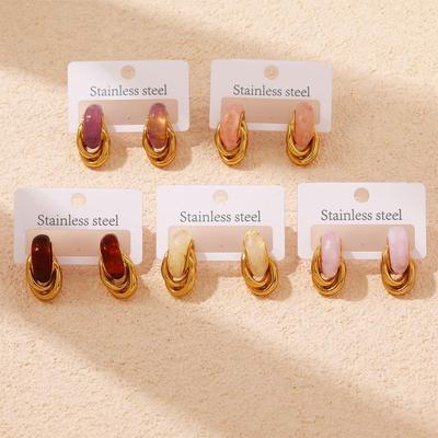 French Style Stainless Steel Earrings with Colorful Resin Studs - Light Luxury Color Blocking Titanium Steel Accessories