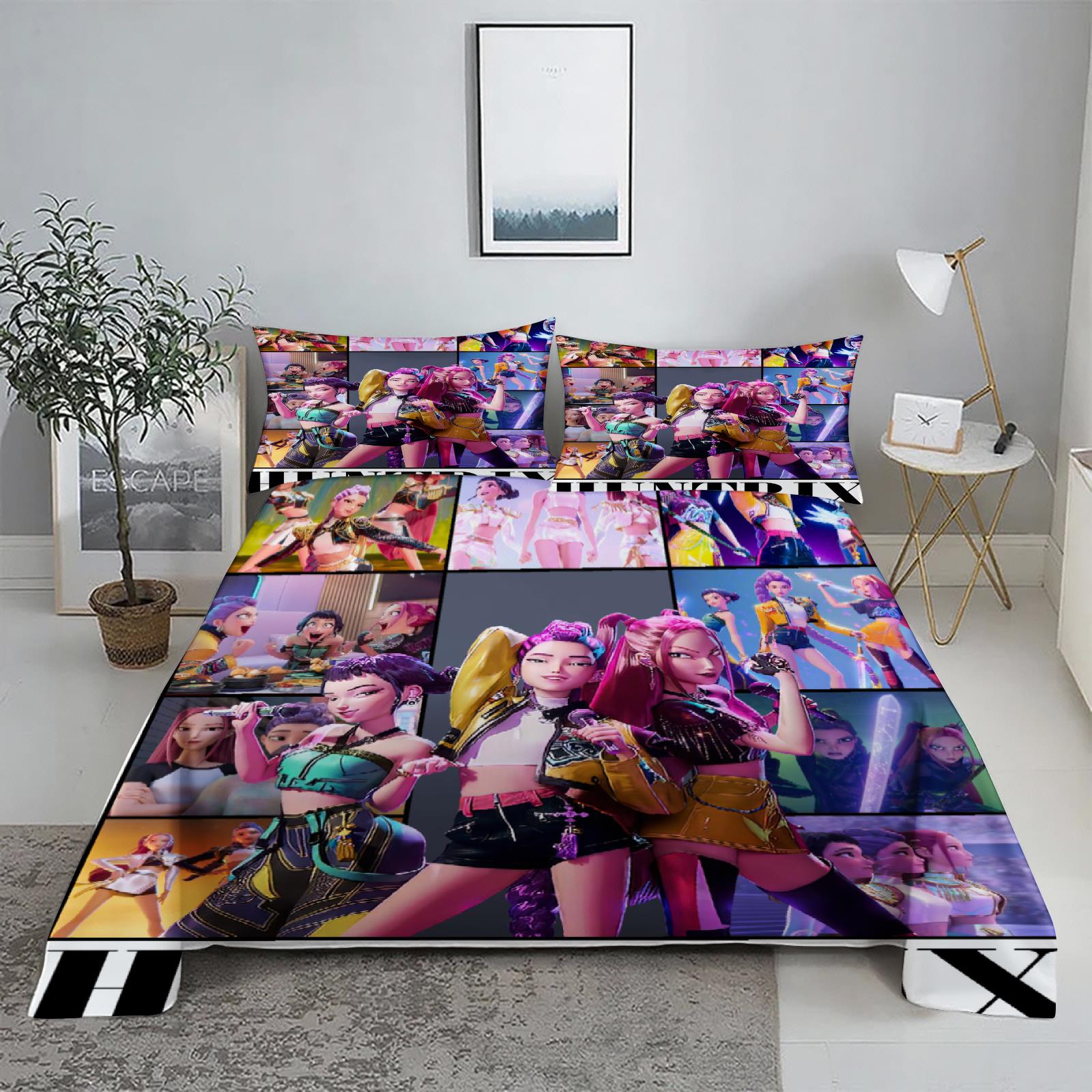 

Huntrix, Руми, Мира, Зои - Охотники на демонов K-pop Комплект постельного белья 3D Принт Простыня с наволочкой Постельное белье Кинг Квин Размер 110X230cm(2Pcs)