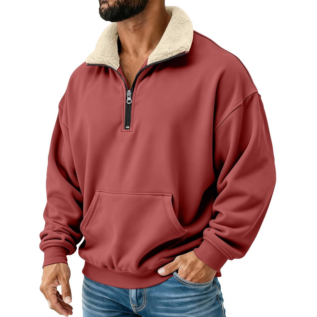 Men's Solid Color Half-Zip Stand Collar Plush Sweatshirt Men's Sports Plus Size Casual Sweatshirt
