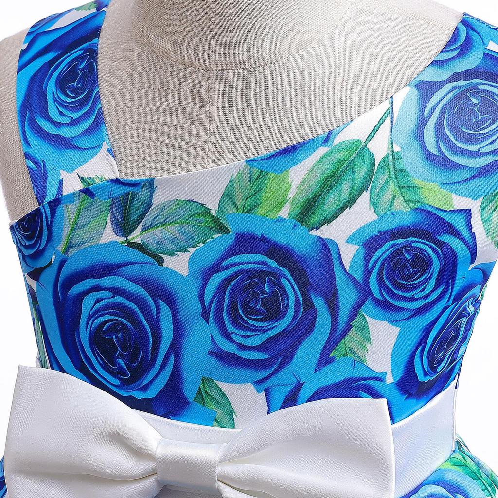 2024 European & American Rose Print Girls' Asymmetrical Shoulder Princess Dress