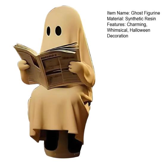 Socha Ducha Čtoucího Knihu Roztomilý Duch na Toaletě Čtoucí Figurka Pryskyřice Halloweenská Dekorace do Koupelny na Stůl Poličku Dekor
