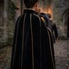 Women's Velvet Cape Coat with Stand Collar and Gold Trim Button Front for Halloween Costume