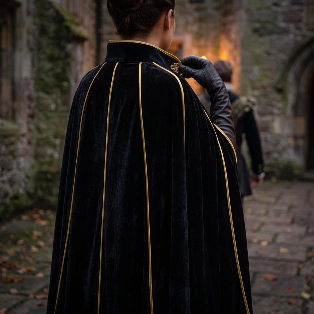 Women's Velvet Cape Coat with Stand Collar and Gold Trim Button Front for Halloween Costume