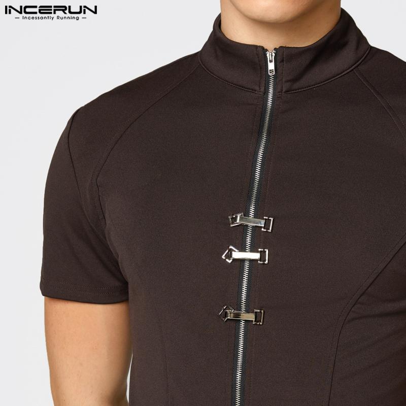 INCERUN Summer Men High Neck Short Sleeve Zip-Up Fitted Tops T-shirts Undershirts
