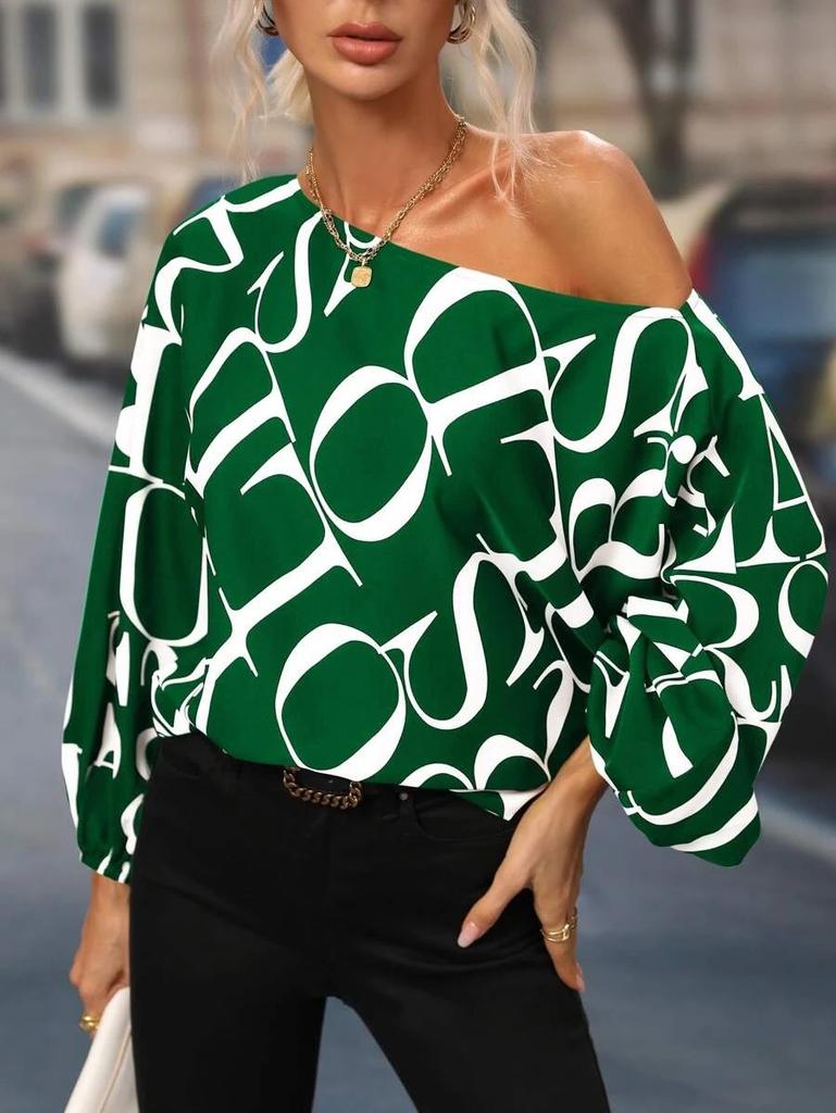 1116 Europäische und amerikanische Damenbekleidung Sommer neue Mode bemaltes One-Shoulder-Oberteil mit lockeren Laternenärmeln Damen