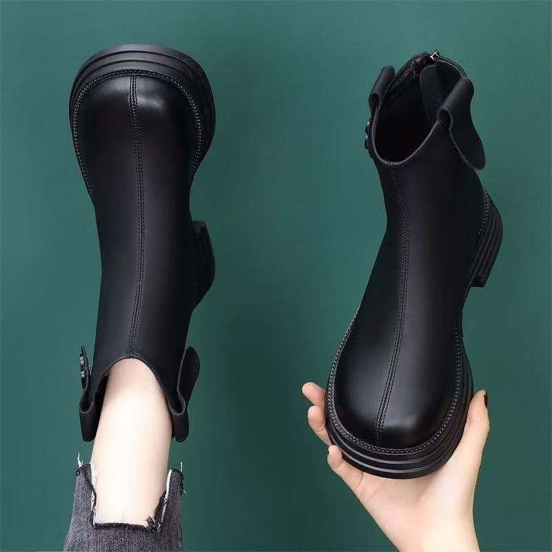 Schlanke Martin-Stiefel Damen flach 2024 neu Herbst weiches Leder Schaft Britischer Stil flacher Absatz kurze Stiefel mit dünnem Reißverschluss