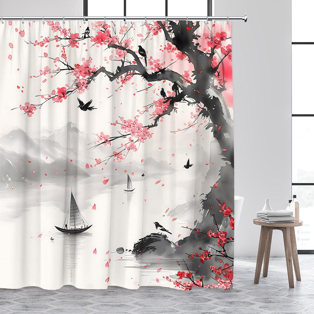 Ink Landscape Shower Curtain Abstract Mountain Water Red Floral Birds Chinese Style Bath Curtains Home Bathroom Decor with Hooks