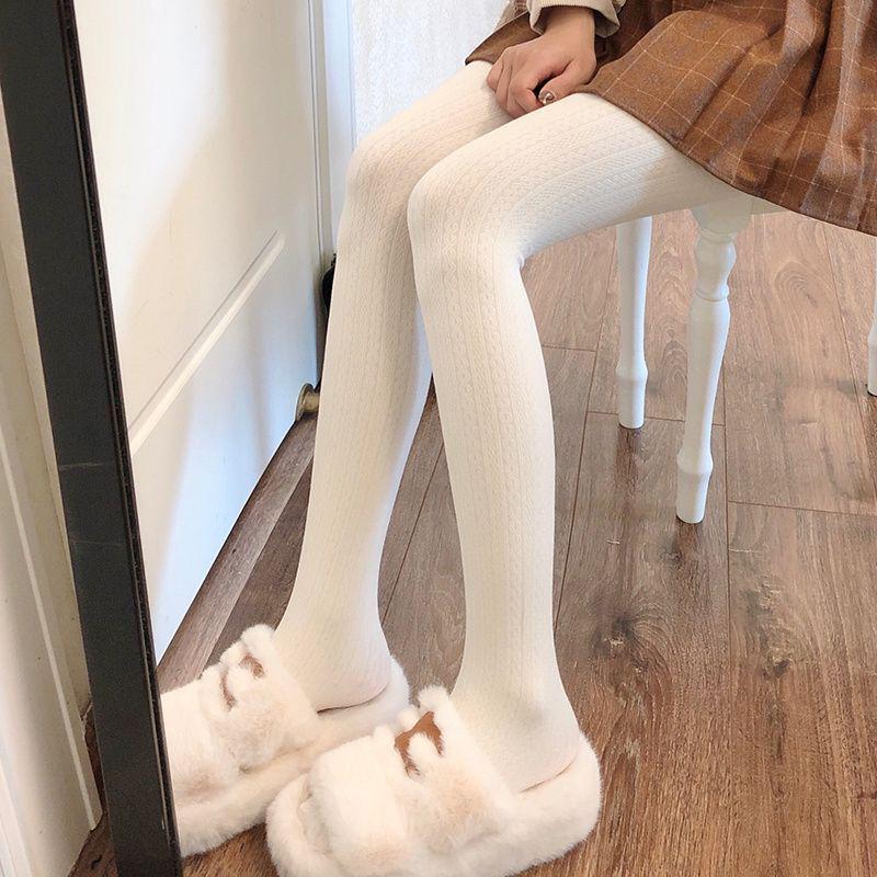 Women's High-Waist Cotton Leggings - Thick, Velvet-Lined, Stirrup Tights In Milk White & Beige for Autumn/Winter