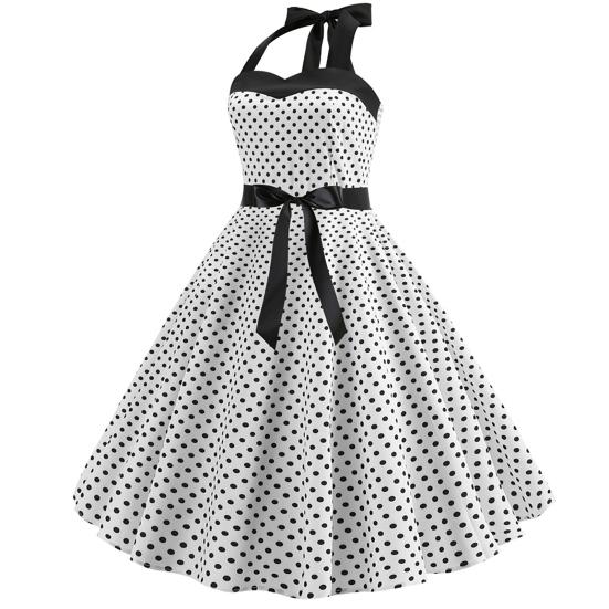 Dot Print Off Shoulder Backless Bowknot Decor A-Line Gown Dress Halter Bandeau Skater Hem Party Dress Female Clothing