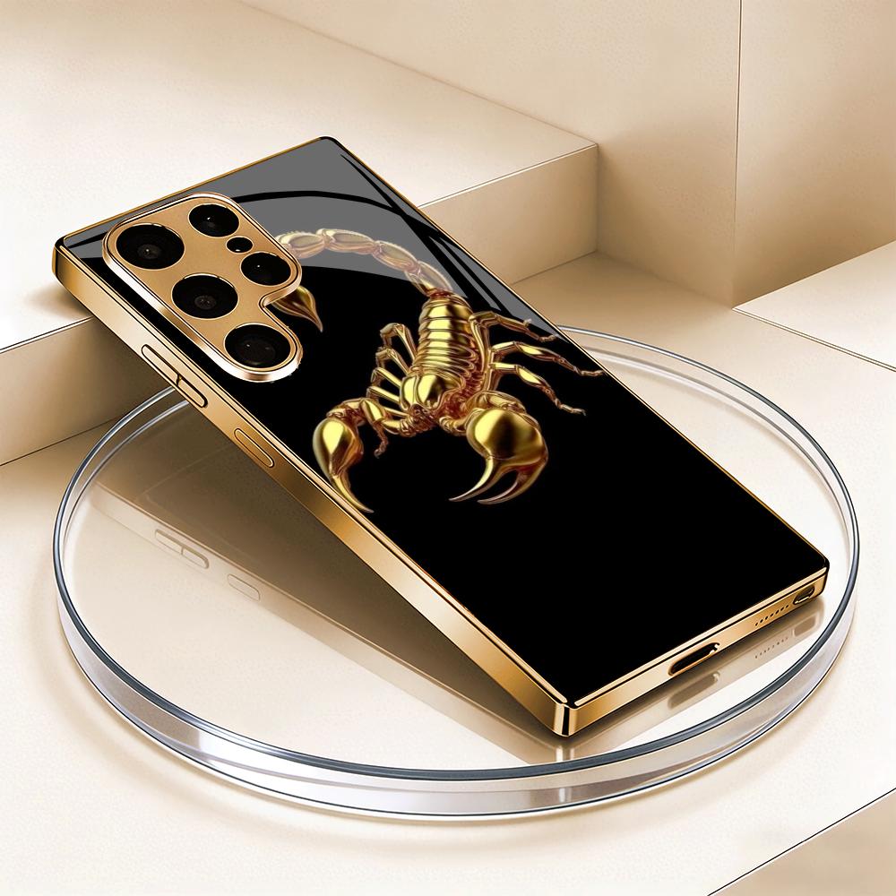 Golden Scorpion Pattern Plated Glass Phone Case Suitable for Samsung Galaxy S26 S25 S24 S22 S21 S20 FE/Ultra/Plus Anti Drop