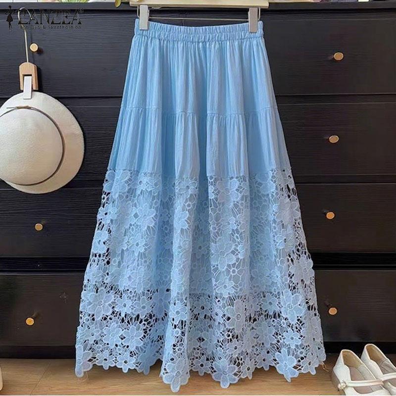 ZANZEA Womens Summer Casual Hollow Crochet Patchwork Loose Long Skirts