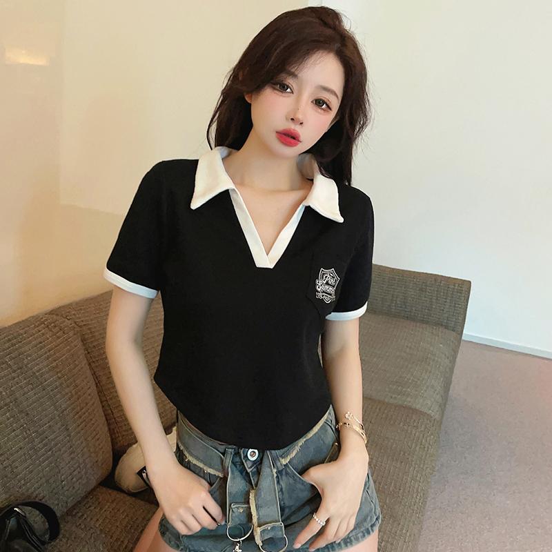 Summer irregular Letter embroidery t shirts Women‘s polo collar Short-sleeve T-shirt casual loose Elastic y2k Tops women clothes