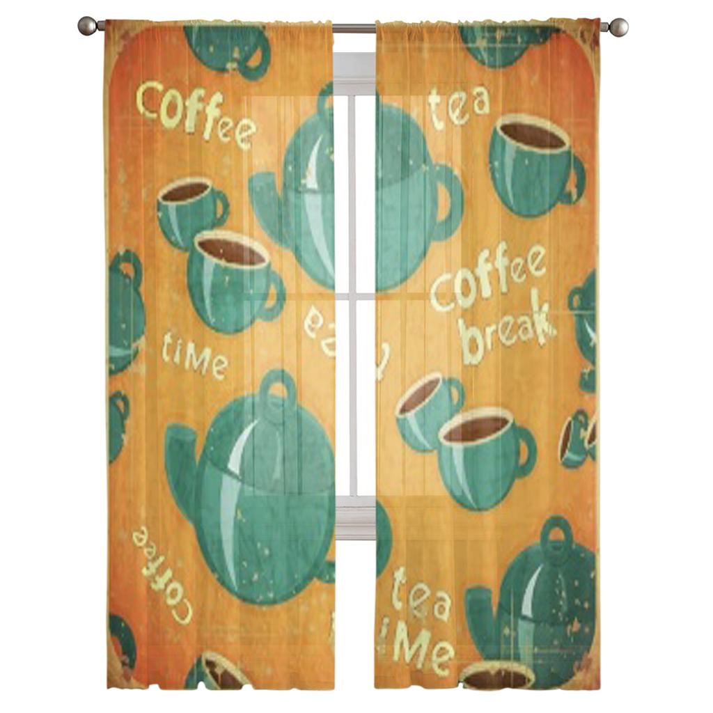 Menu Of Coffee Tea Cups Retro Style Chiffon Sheer Curtains for Living Room Bedroom Decoration Window Voiles Tulle Curtain