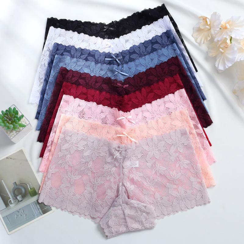 FINETOO 3Pcs Women's Sexy Lace Floral Perspective Boyshorts Solid Color Hollow Out Boxer Panties Female Breathable Transparent Lingerie