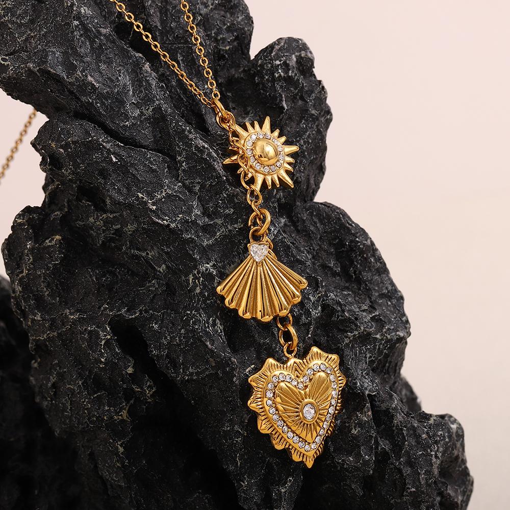 MamacitaSlay Unique Stainless Steel Heart Shaped Cherry Sun Moon Long Pendant Necklace For Women's Party Waterproof Jewelry Gift