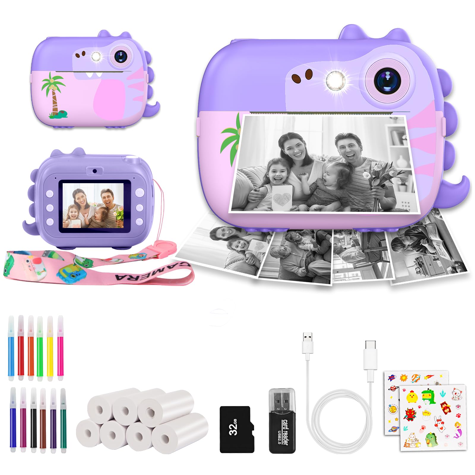 

ARNSSIEN Instant Print Digital Camera for Children Ages Gift for Girls and Includes 7 Instant Print Rolls 32GB M3 Kids 3-12, Video,