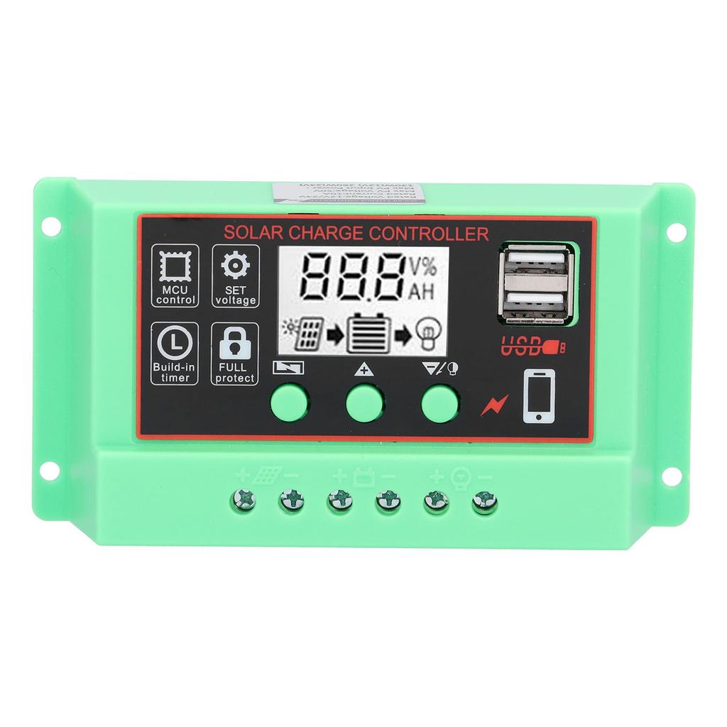 Solar Charge Controller 12V 24V Solar Controller LCD Display USB Interface Overload ProtectionGreen Shell Black Surface