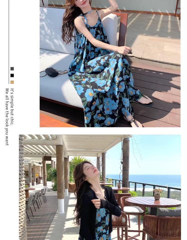 Blue Floral Strappy Chiffon Dress - Women's 2026 Summer Elegant Beach Style