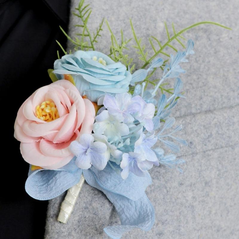 Set Of 5 Rose Boutonniere Silk Florals Lapel Pin Elegant Groomsmen Wedding Corsages Handmade Party and Prom Accessories