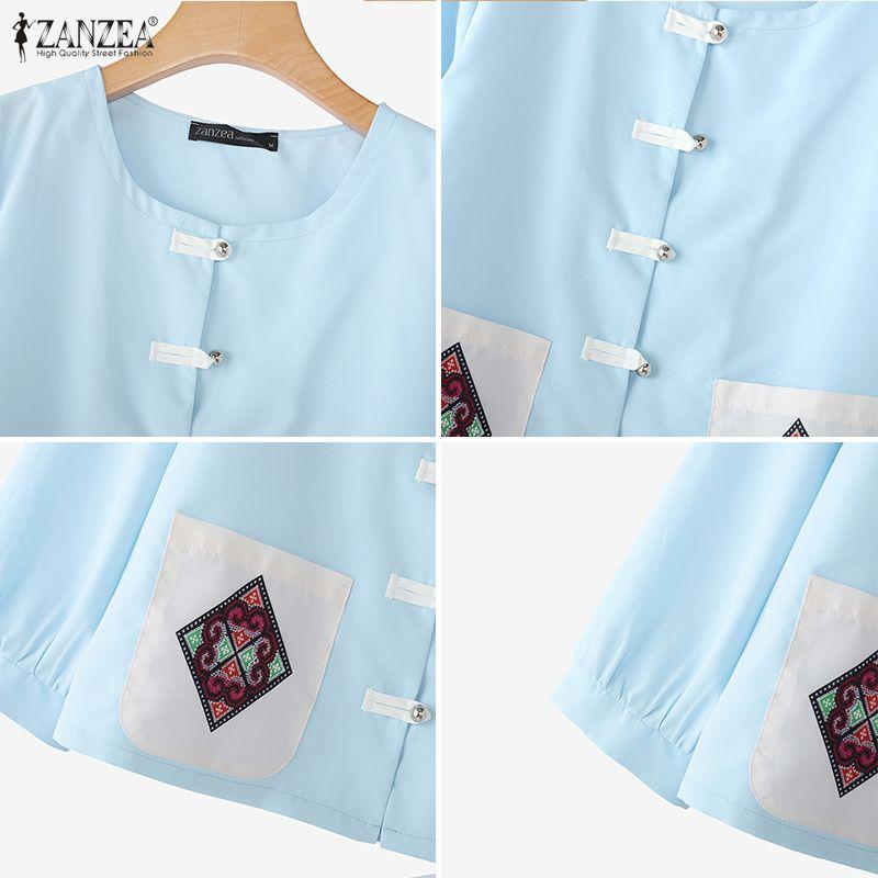 ZANZEA Women Casual Round Neck Patchwork Loose Summer 3/4 Sleeve Blouse