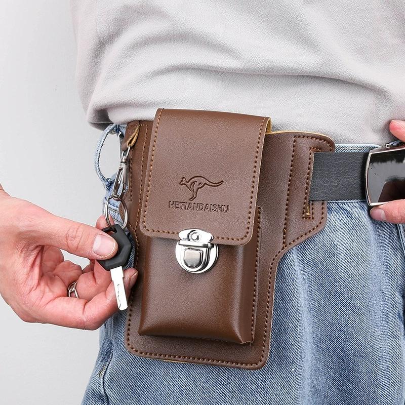 Men Leather Pack Waist Bag Belt Clip Phone case Holster Mobile phone bag Fits all mobile 5.4 - 6.9 inch phones