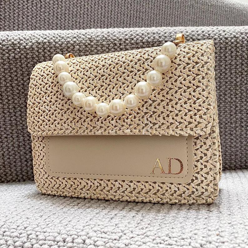 Straw bag with pearl zip bag with personalized name for bridesmaid gifts