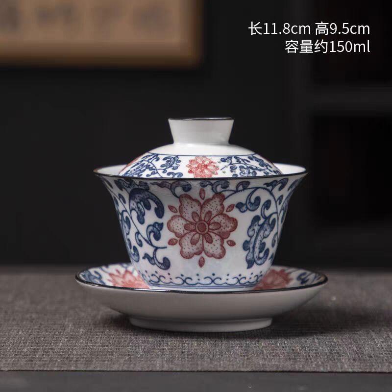 Blue And White Porcelain Sancai Cover Bowl Dehua Ceramics Retro Home Office Single Tea Bowl Teacup Kung Fu Tea Set