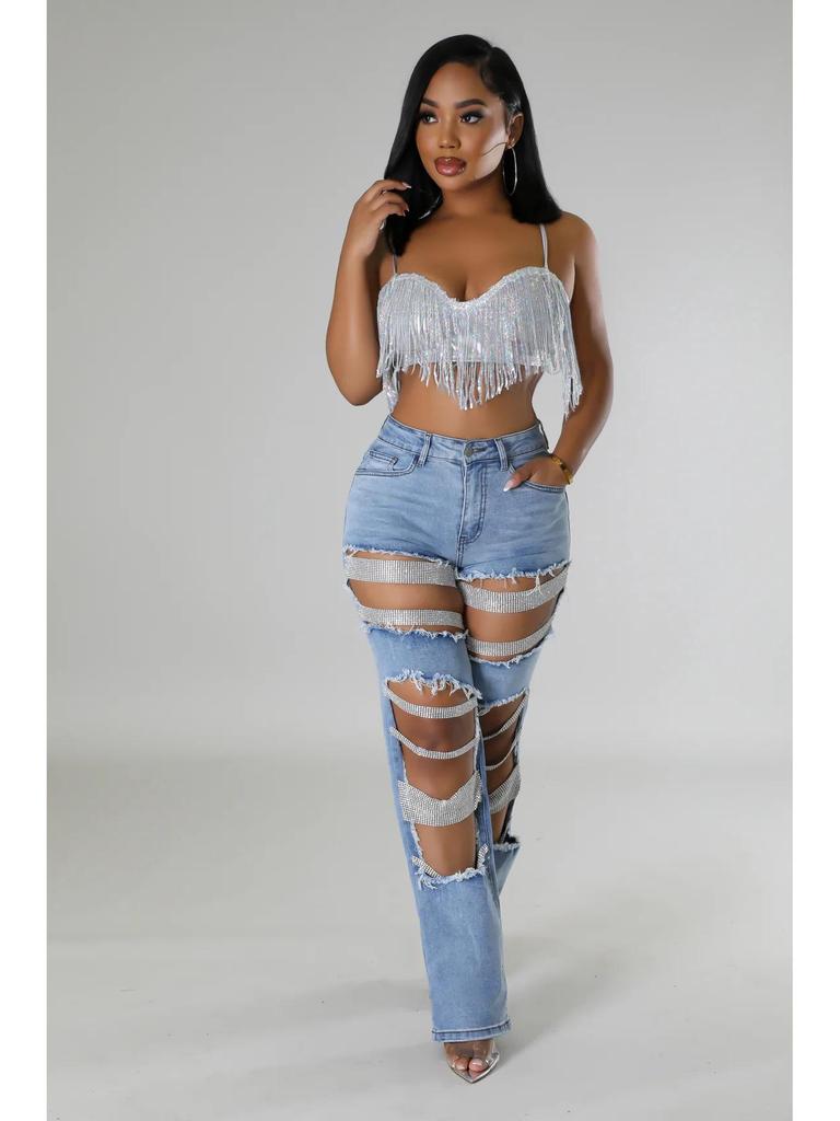 2025 Beaded Ripped Elastic Jeans for Women: Hot Girl Summer Style