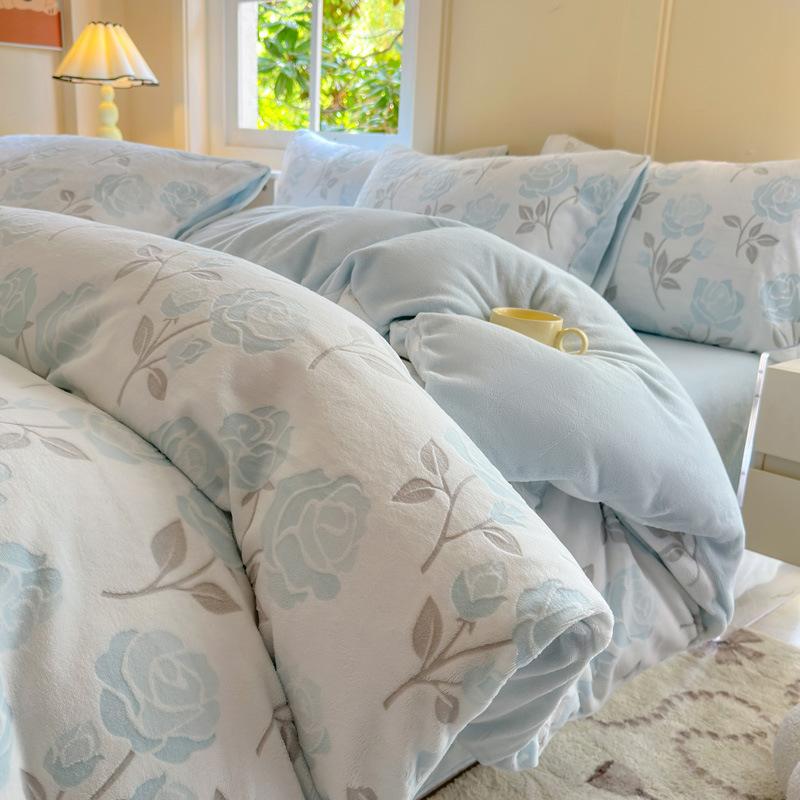 Milk Fleece Four-piece Set, Thickened Carved Fleece, Bed Sheet Quilt Cover, Bed Three-piece Set