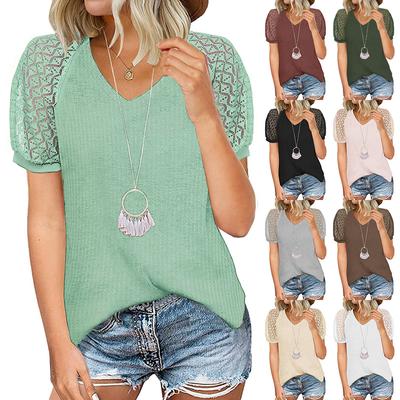 Primavera Verão Moda Feminina Renda Manga Curta T-shirt Solta Sólida Tee Tops