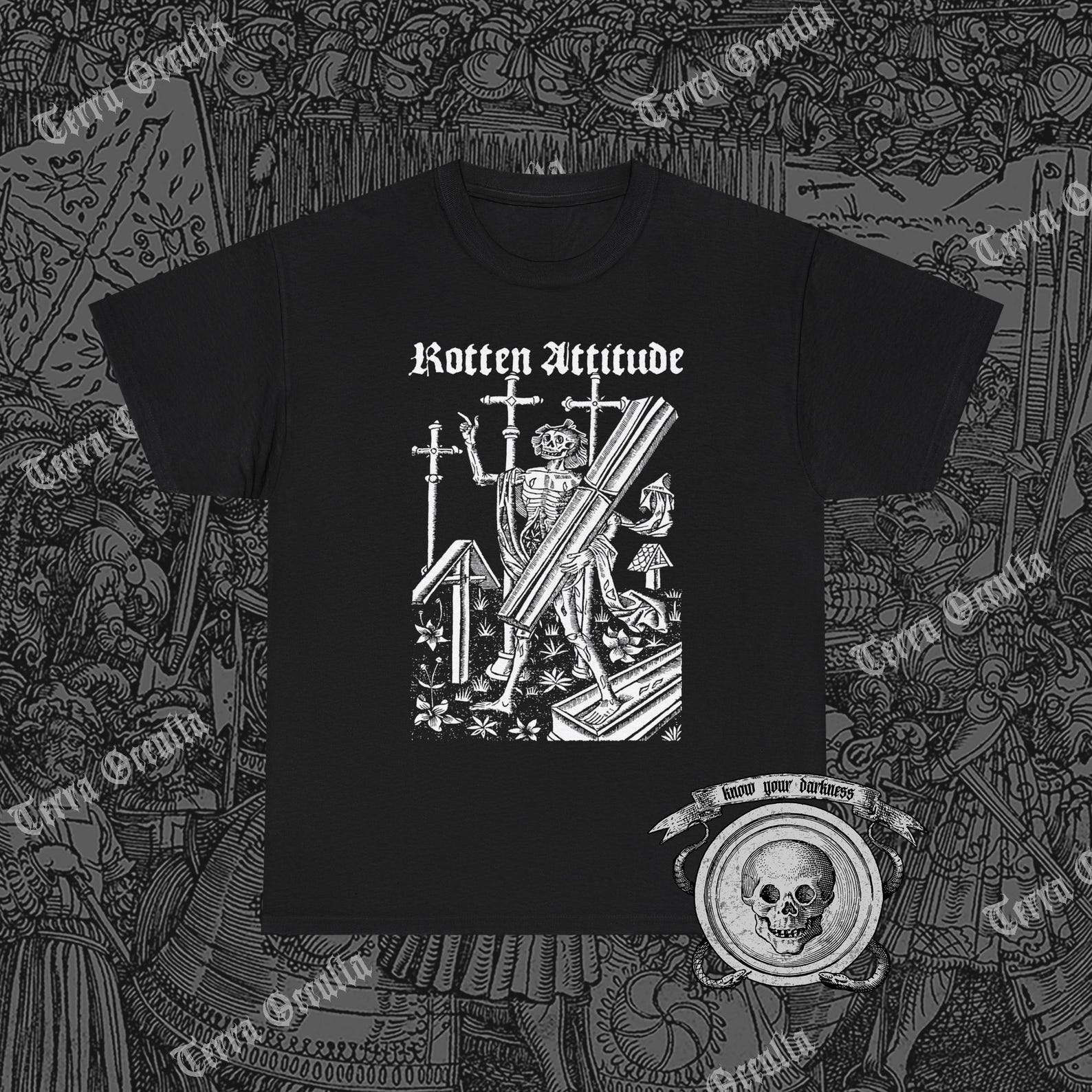 Rotten Attitude Shirt, Revenant, Medieval Woodcut, Skeleton, Graveyard 3XL