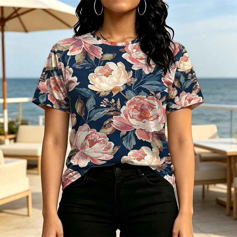 Elegant Floral Short Sleeve Tops Soft Fabric,Relaxed Fit for Daily Wear,Casual Vacations & Light Sports
