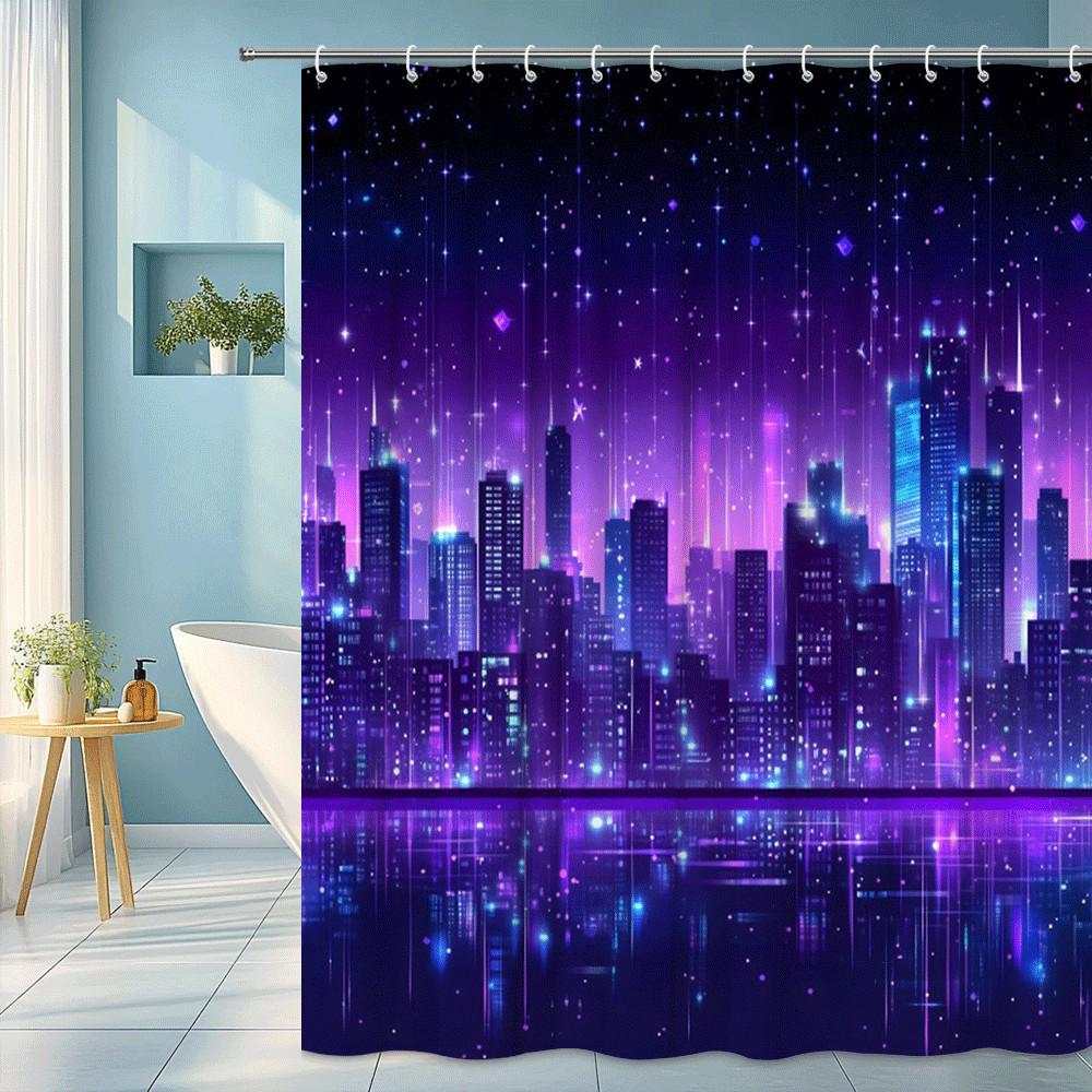 

Neon City Night Sky Shower Curtain Purple Towers And Stars Futuristic Urban Landscape Cyberpunk Bathroom Decor Waterproof W60H190(CM)-1 Pcs
