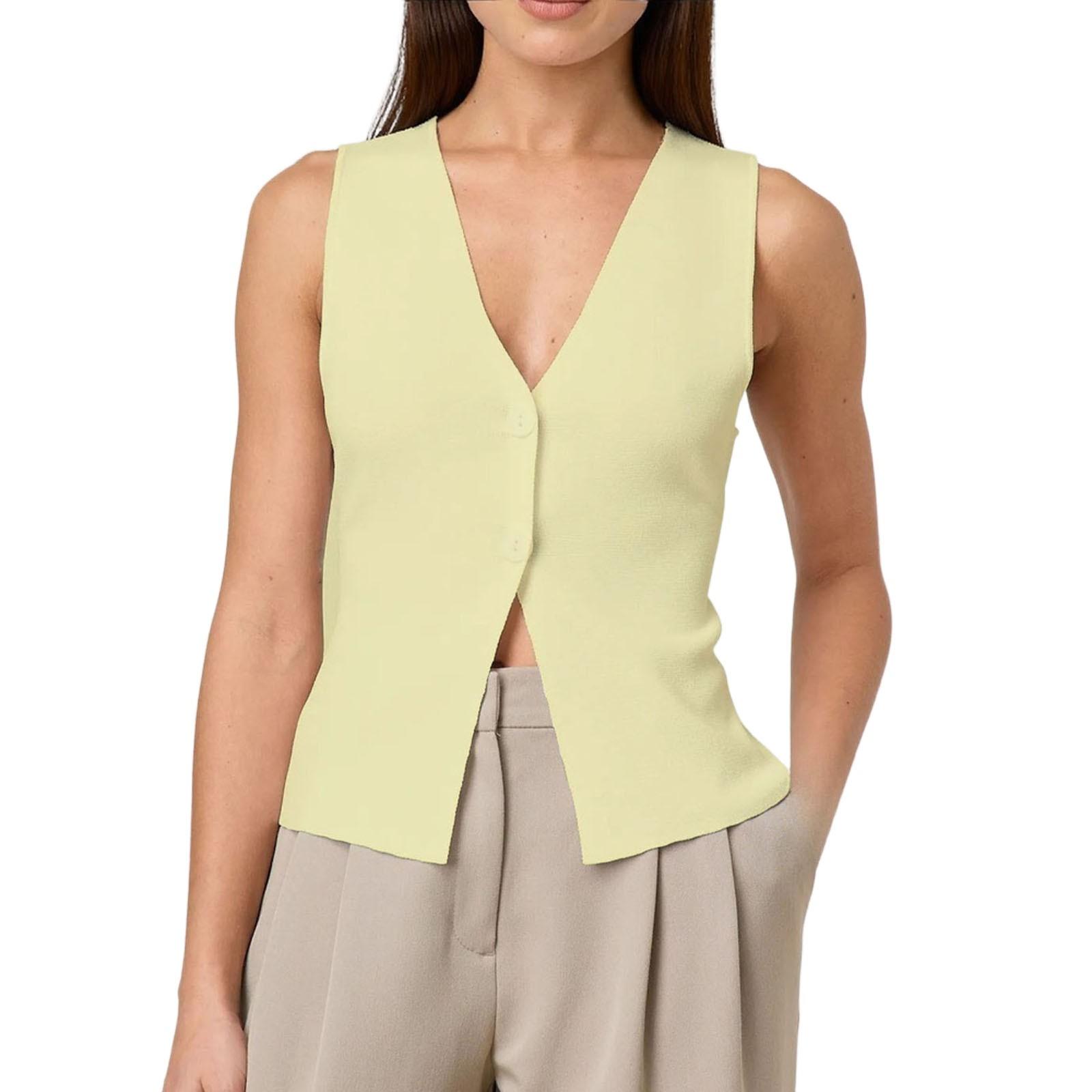 Women s Casual Fashion Retro Slim Fit Single Breasted Sleeveless Vest Vest Top L жёлтый