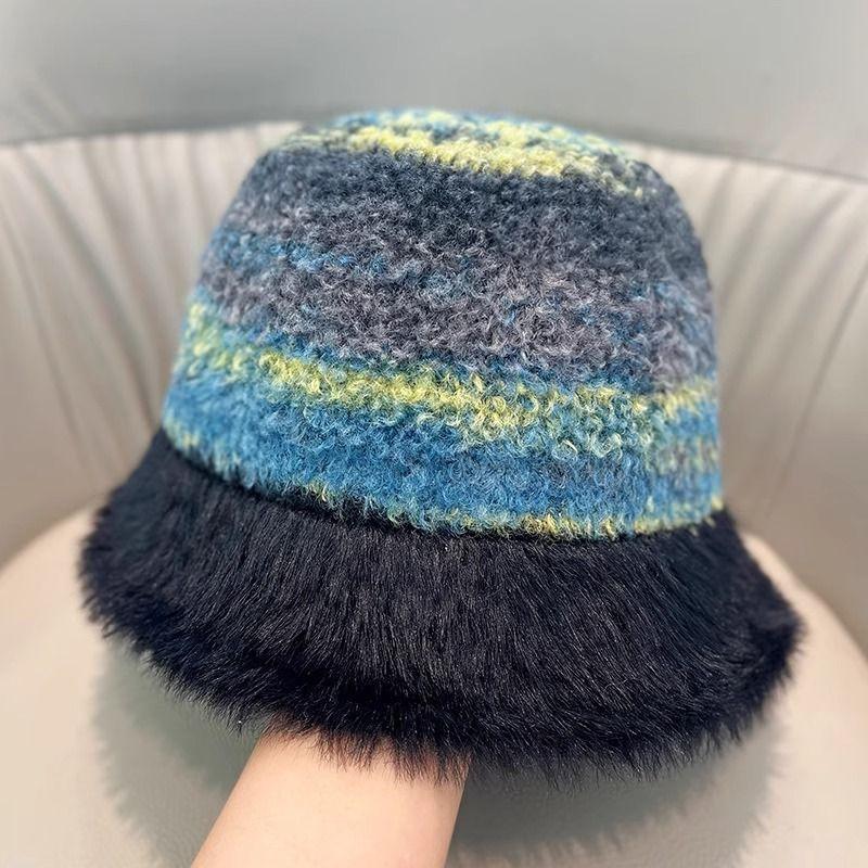

Cold-proof Fashion Thickened Plush Fisherman Hat Women s Autumn and Winter Outdoor Warm Rainbow Knitted Basin Hat