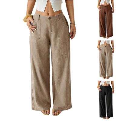 Women's Cotton And Linen Wide Leg Pants, Mid Waist Pants, Casual  Color With Pockets