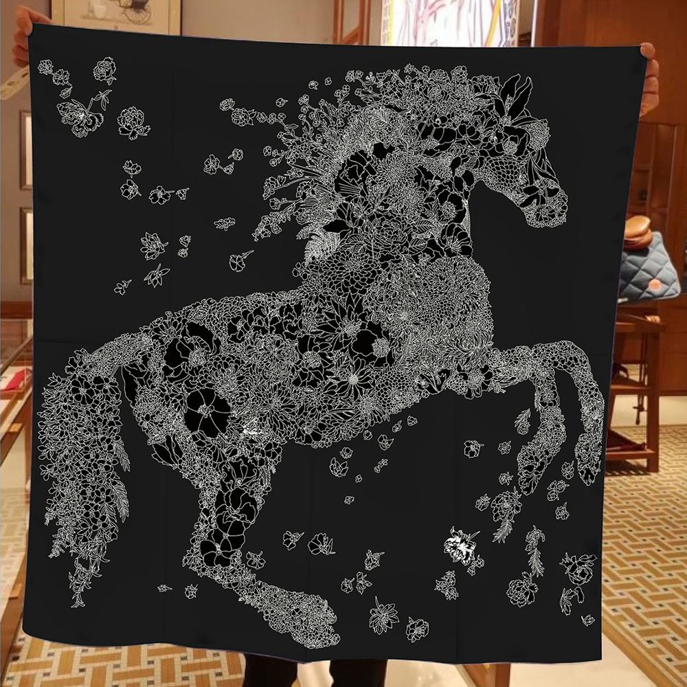 90CM Silk Scarf Women Flower Horse Print Square Scarves Head Echarpes Silk Foulards Femme Wraps Beach Shawls Bandana Lady Hijab