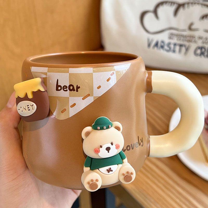 Kubek Honey Bear z zagęszczoną ceramiką z pokrywką i łyżeczką, kubek do kawy, 3D, magnetyczny, odłączany, adsorpcyjny, wieszak na napoje
