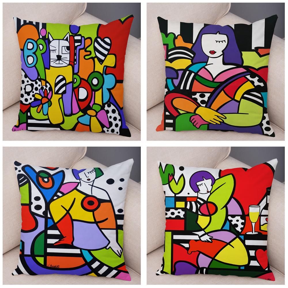 Geometric Cartoon Girl Colorful Abstract Art Drawing Pillowcase Sofa Cushion Cover Home Car Decor Home Decor